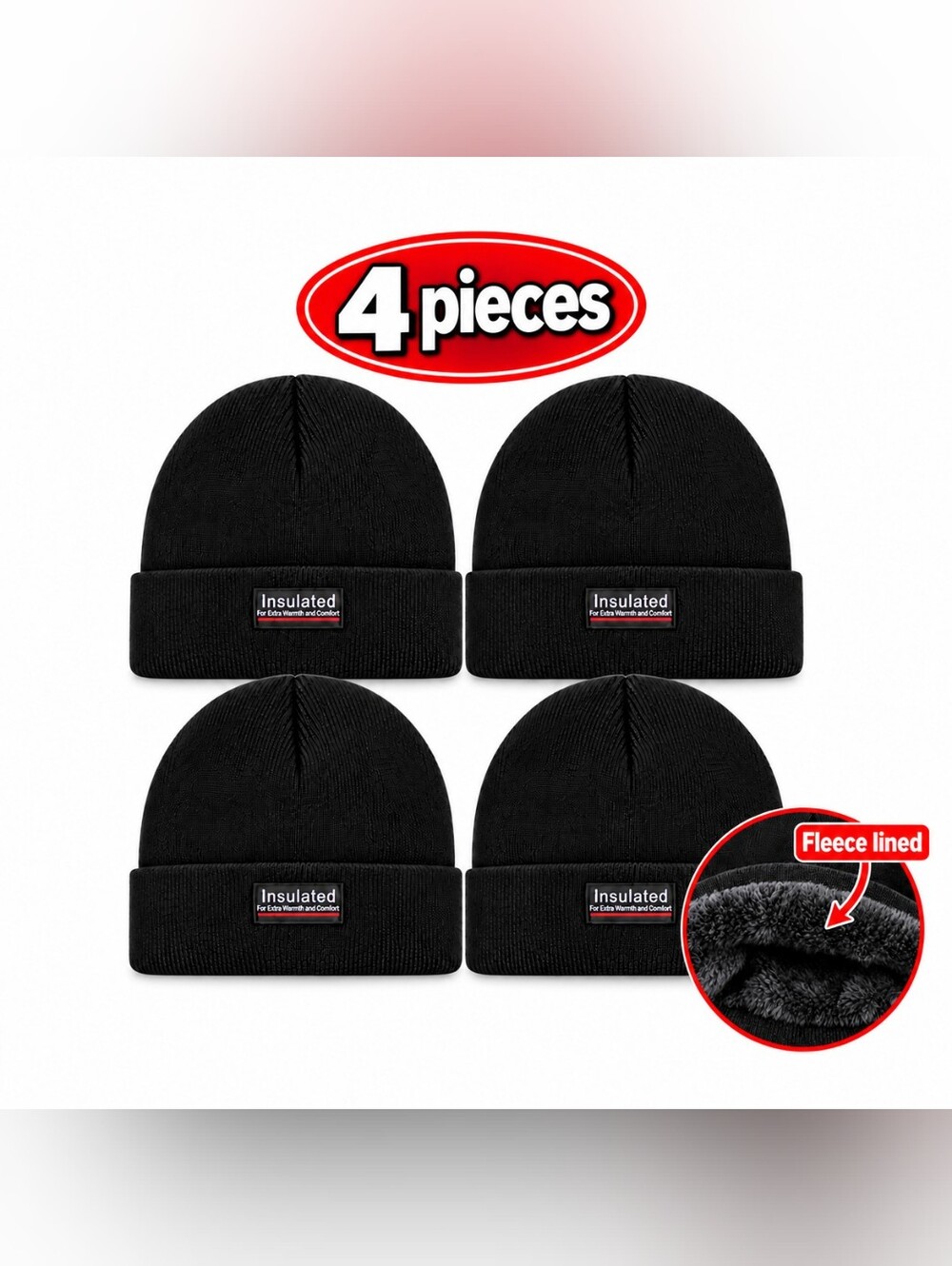 4 Pieces Men’s Fleece Lined Winter Beanie Hat Insulated Warm Knit Cap Black
